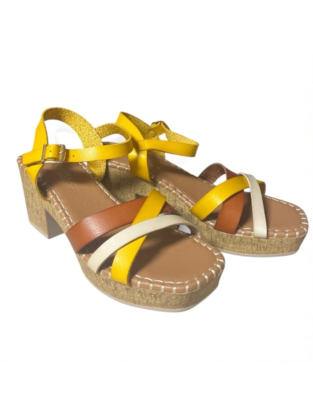 Spring Step Patrizia Yellow, Brown & Cream Cork Wedge Sandals